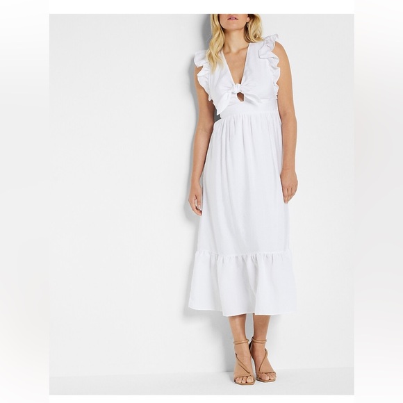 Express Flutter Sleeve Tie Front Midi Poplin Dress - Picture 1 of 5